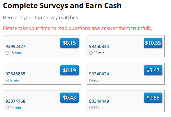 Survey matches list showing payouts and estimated completion times