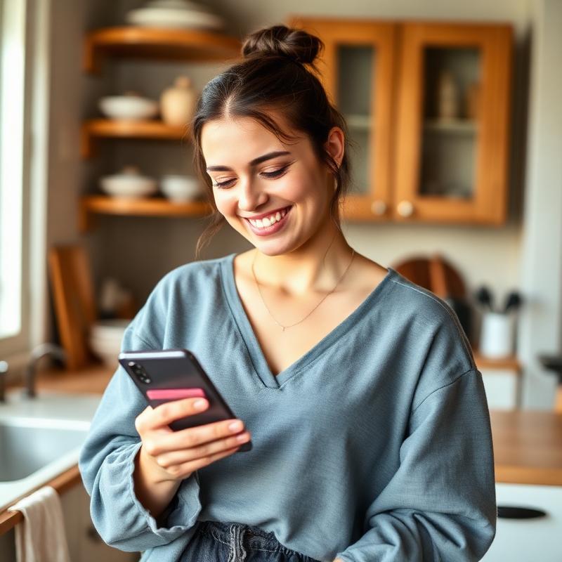 Member smiling at her phone after being paid for an online survey